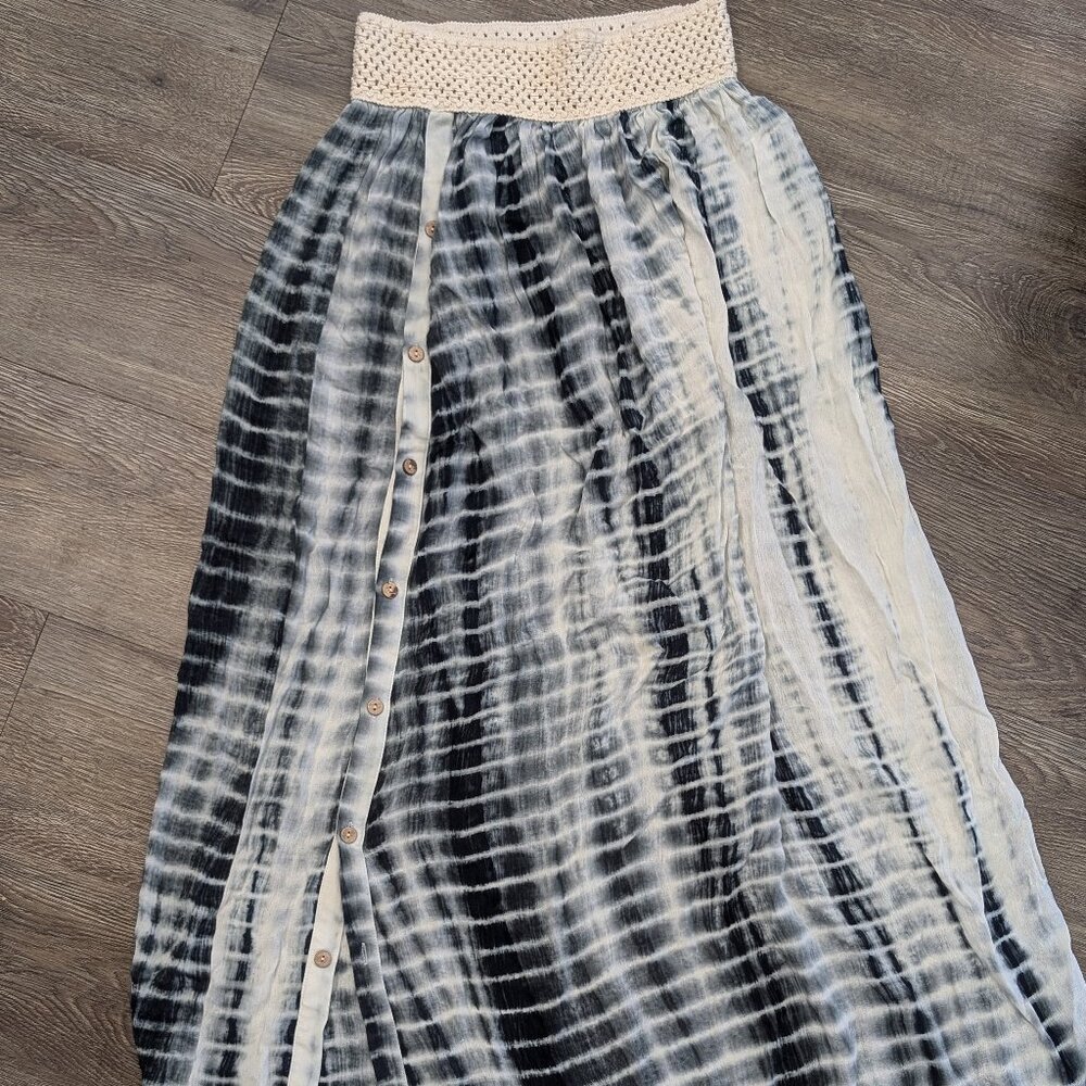 Tie Dye Maxi Skirt with Crochet Waistband and button down slit